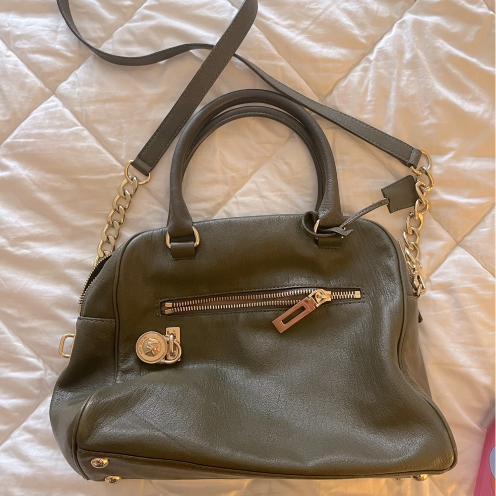 Michael Kors Olive Green pebble leather satchel purse